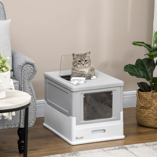 Hooded Cat Litter Box Scoop Included Litter-Tray with Front Entry Top-Exit, Portable Pet Toilet W/ Large Space, Easy Assemble, 47.5x35.5x36.7cm, Grey