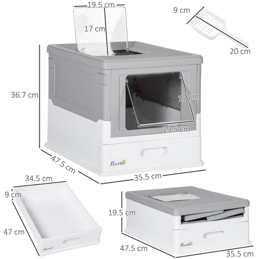 Hooded Cat Litter Box Scoop Included Litter-Tray with Front Entry Top-Exit, Portable Pet Toilet W/ Large Space, Easy Assemble, 47.5x35.5x36.7cm, Grey