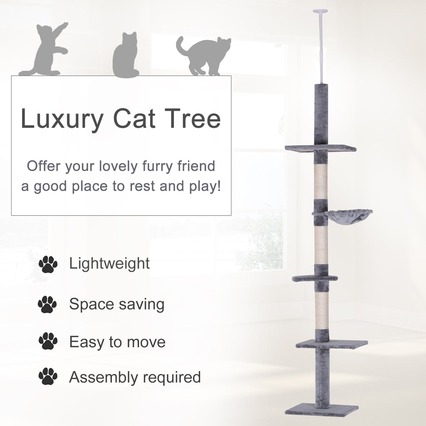 40L x 34W x 230-260H cm Cats Floor to Ceiling Scratching Post w/ 5-Tier Plush Leisure Platforms Grey