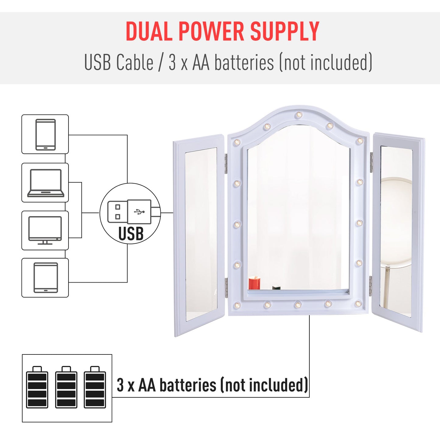 MDF Tri-Fold LED Vanity Mirror w/ 16 Spotlights White