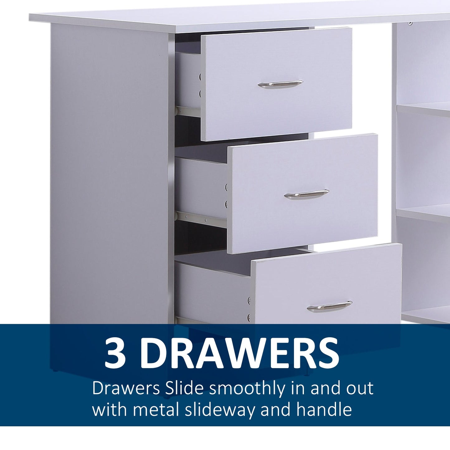 Computer Desk W/ 3 Shelf & Drawers, 120Wx49Dx72H cm - White