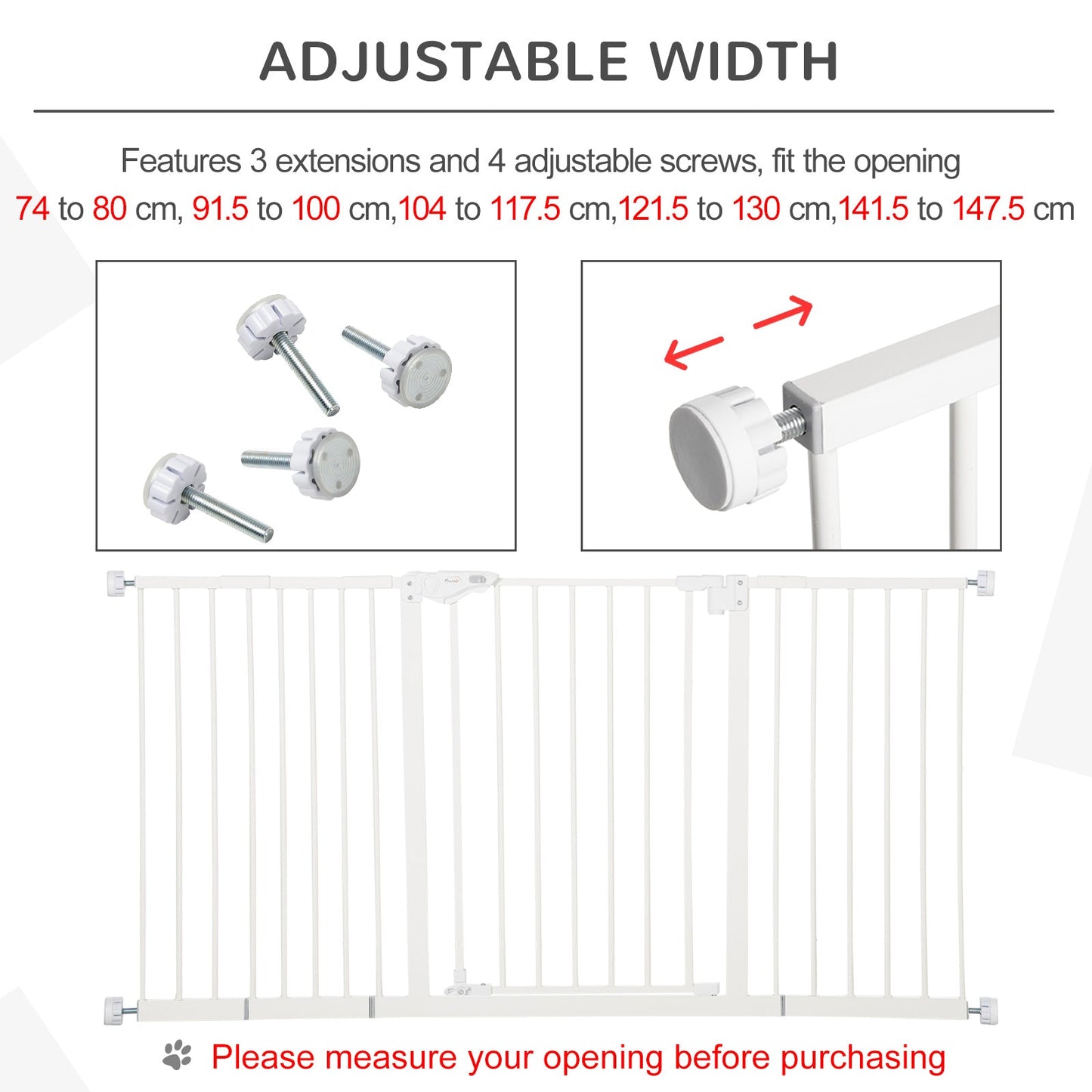 Adjustable Safety Gate Dog Barrier for Doorways, Corridors, Staircases with Three Extensions and Adjustable Screws - White
