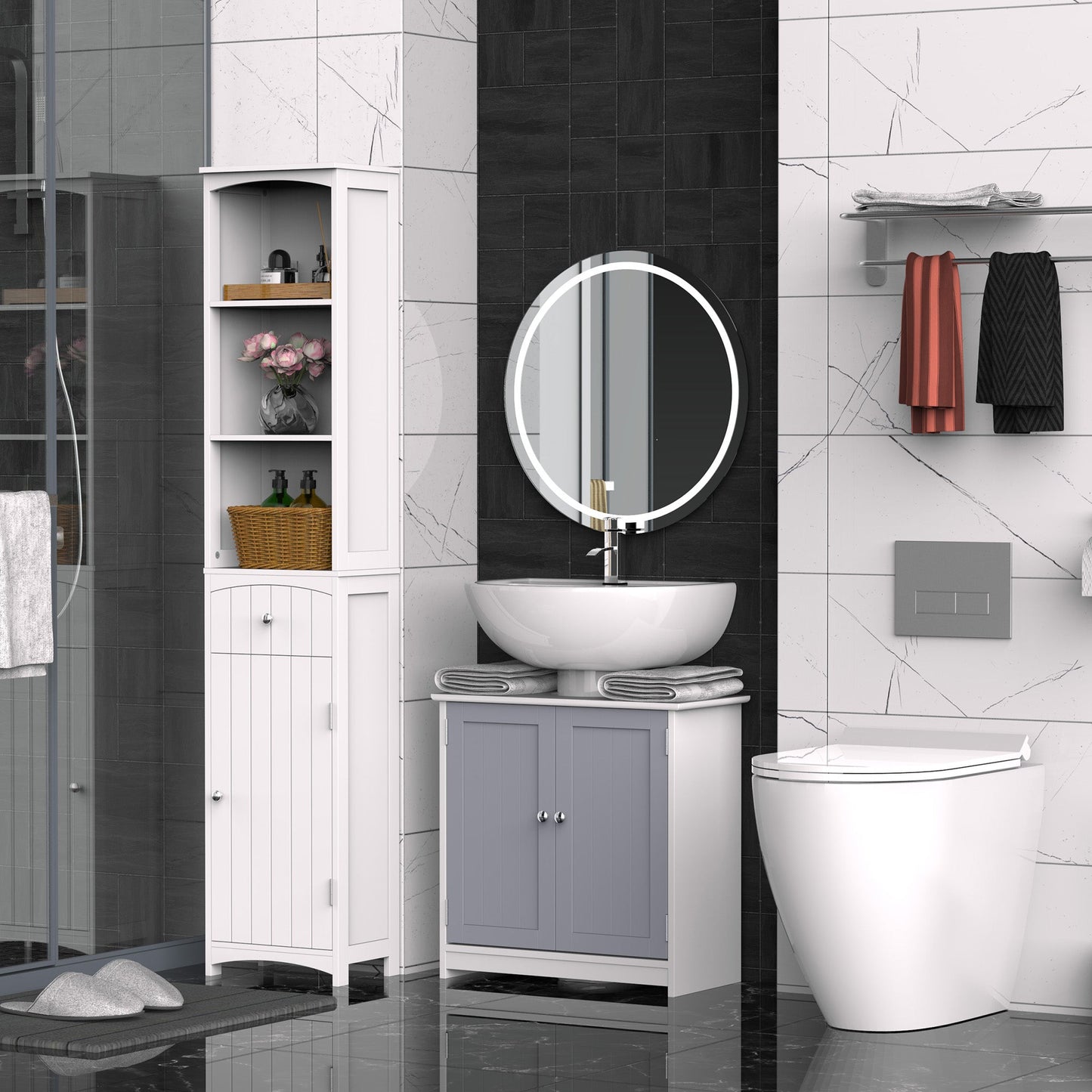 60x60cm Under-Sink Storage Cabinet with Adjustable Shelf Bathroom Cabinet Space Saver Organizer Floor Cabinet White and Grey