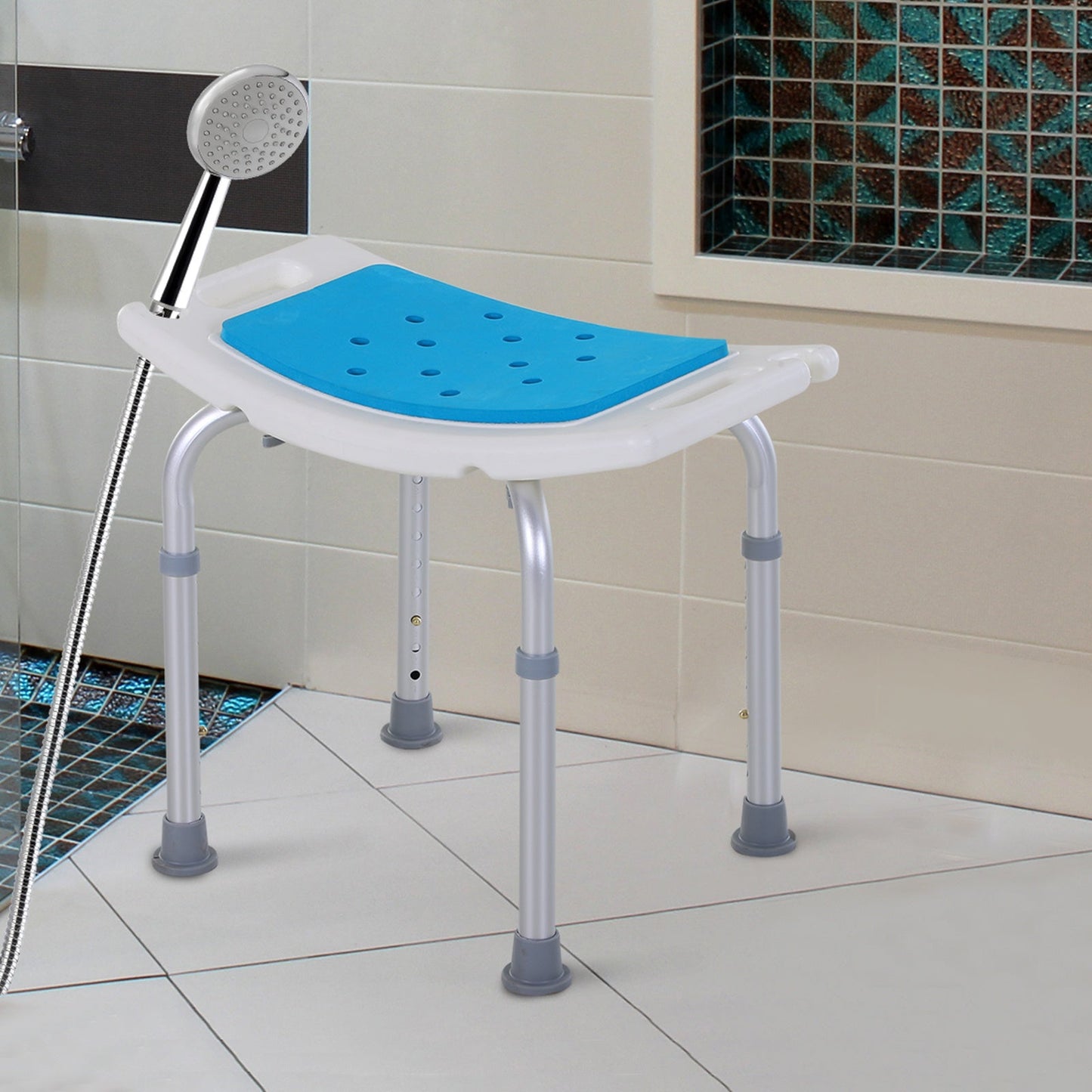 Adjustable Aluminium Bath Stool Shower Non-Slip w/ Shower Hole Blue