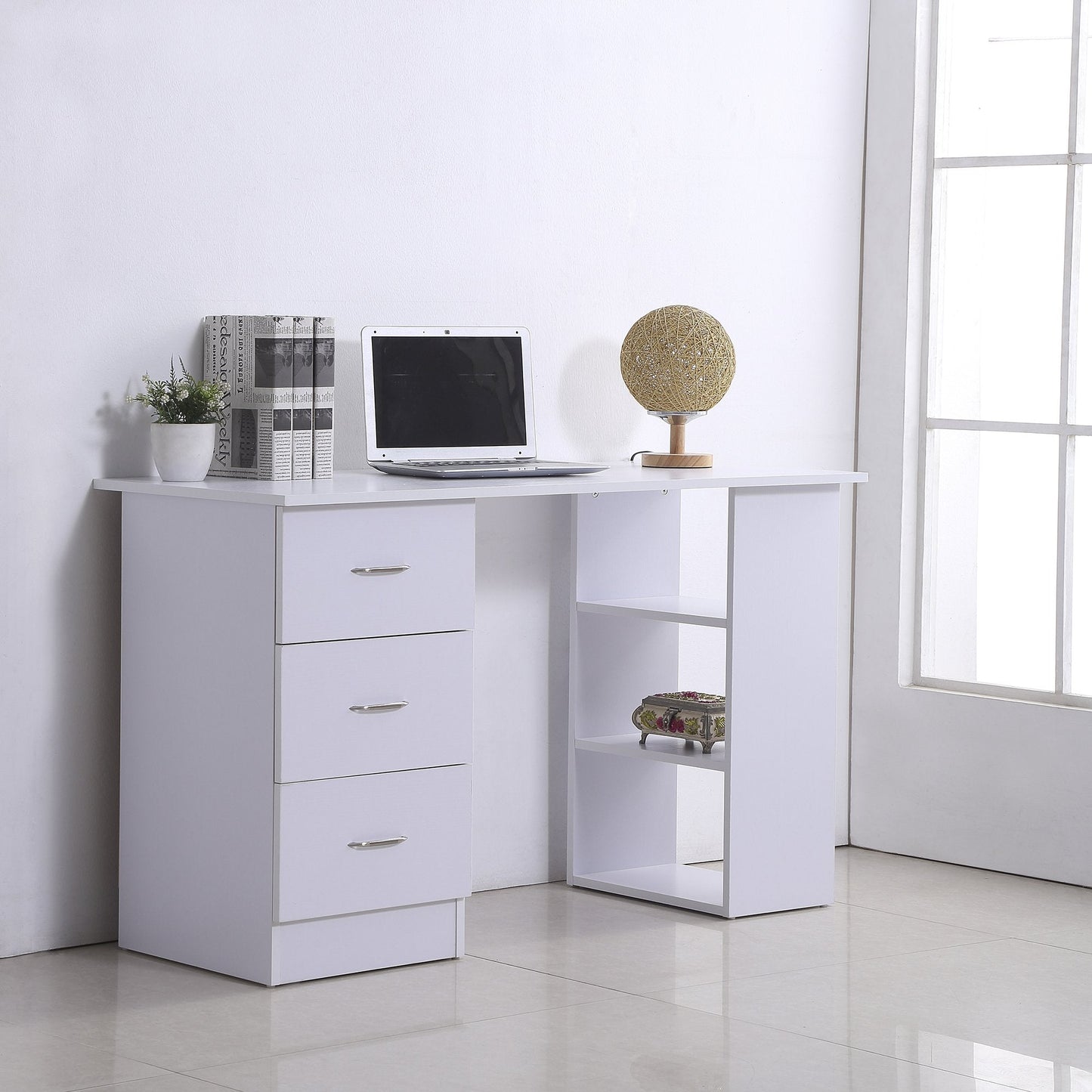 Computer Desk W/ 3 Shelf & Drawers, 120Wx49Dx72H cm - White