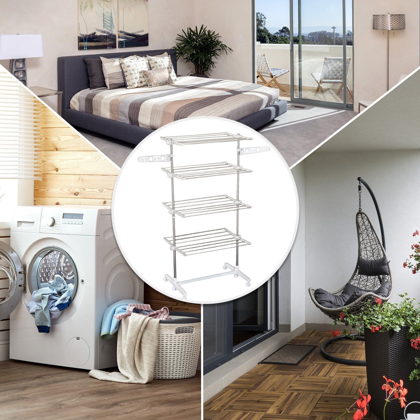 4 Layers Folding Cloth Hanger Stand-White/Silver