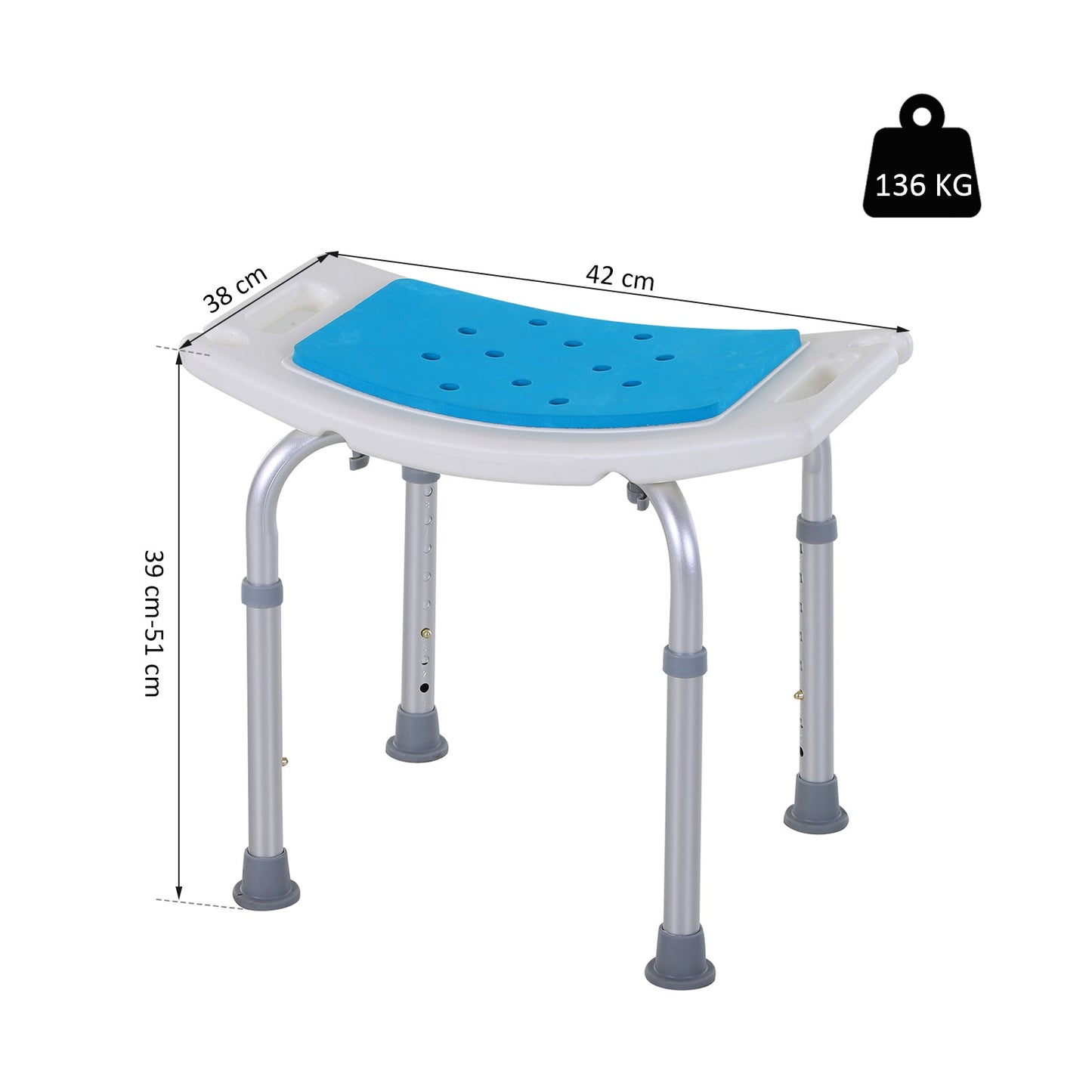 Adjustable Aluminium Bath Stool Shower Non-Slip w/ Shower Hole Blue