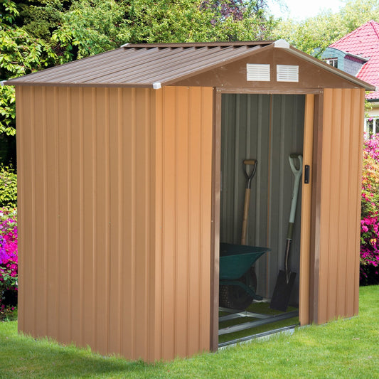 7 x 4ft Lockable Garden Shed Large Patio Roofed Tool Metal Storage Building Foundation Sheds - Khaki