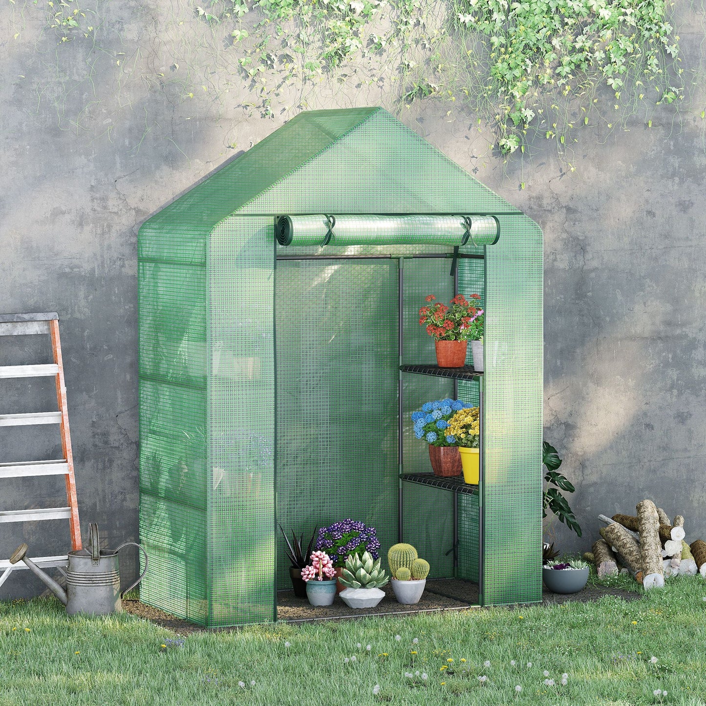 Walk In Greenhouse for Outdoor, Portable Gardening Plant Grow House with 2 Tier Shelf, Roll-Up Zippered Door, PE Cover, 141x72x191cm, Green