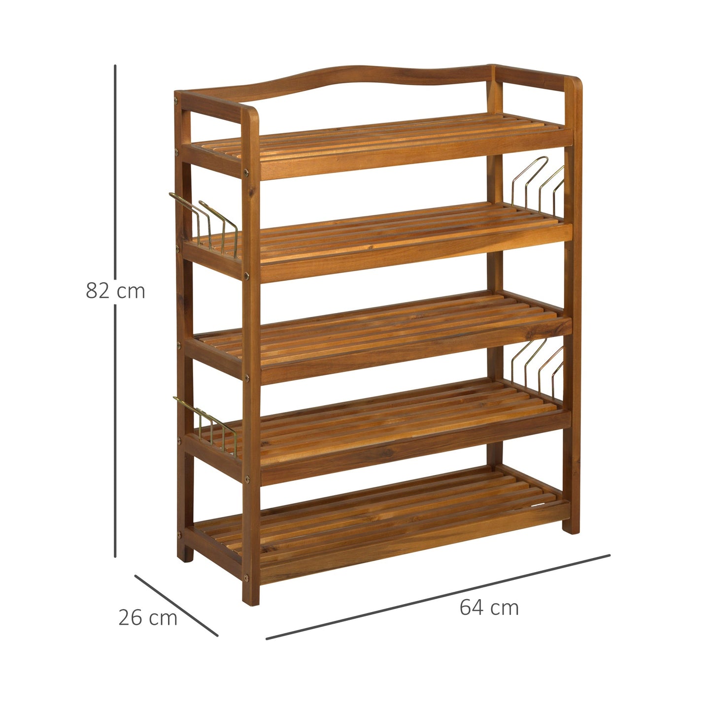 5-Tier Shoe Rack, Acacia Wooden Shoe Storage Organiser with Hangers, Holds up to 24 Pairs, for Entryway, Living Room, 64x26x82 cm, Teak Shelf Bedroom