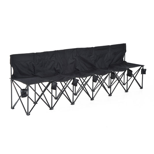 6 Seater Folding Sports Bench Outdoor Picnic Camping Portable Chair w/Cup Holder & Carry Bag - Black