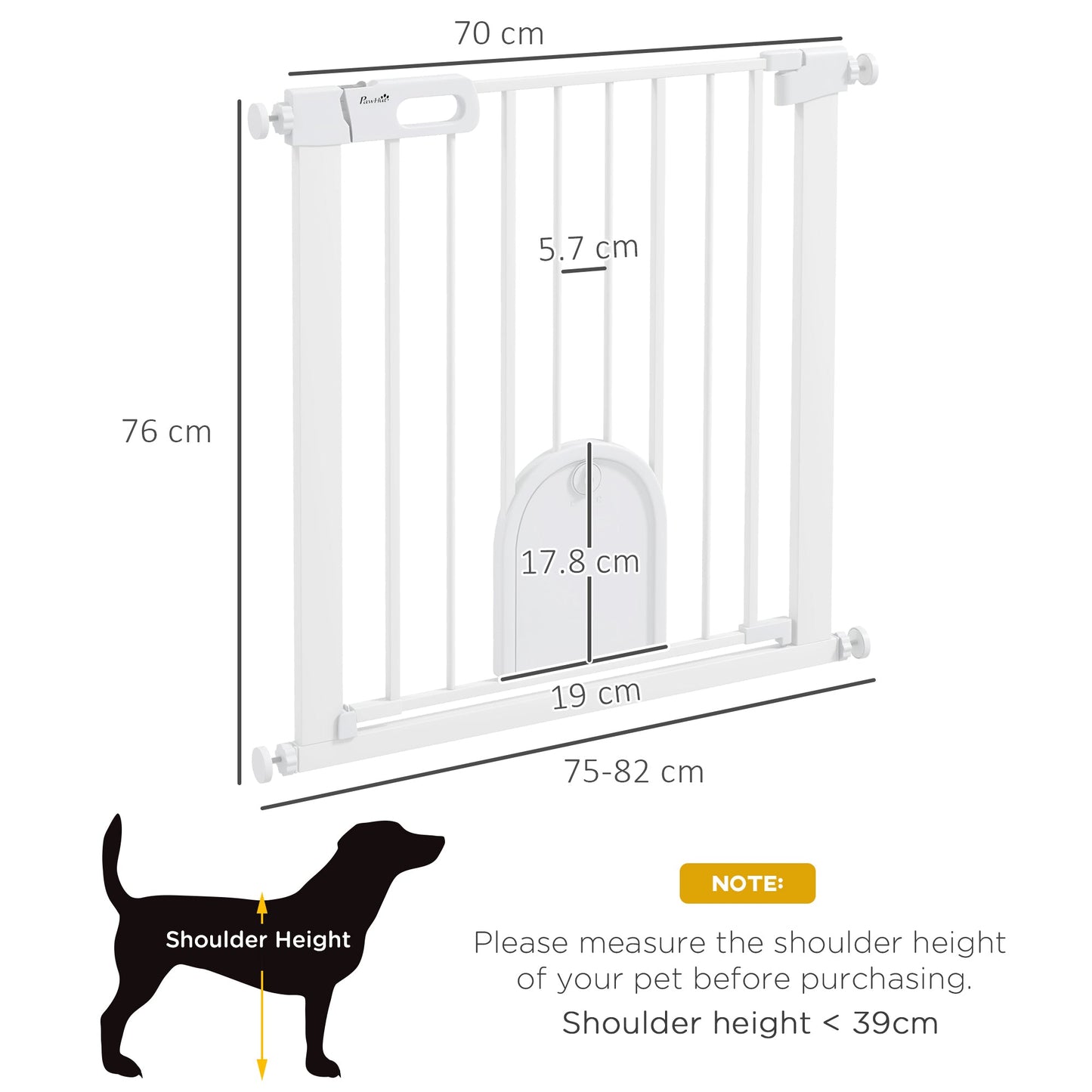 75-82cm Pet Safety Gate Pressure Fit Stair with Cat Flap Double Locking White