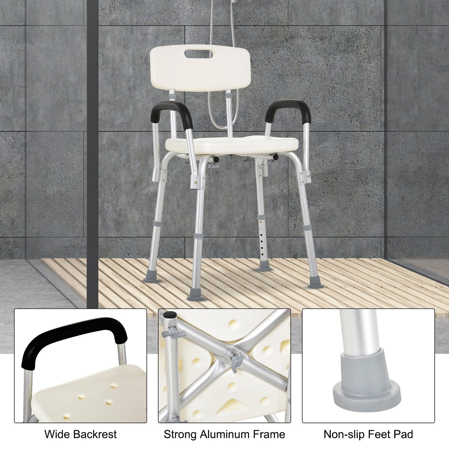 Adjustable Shower Bench with Adjustable Back and Armrest