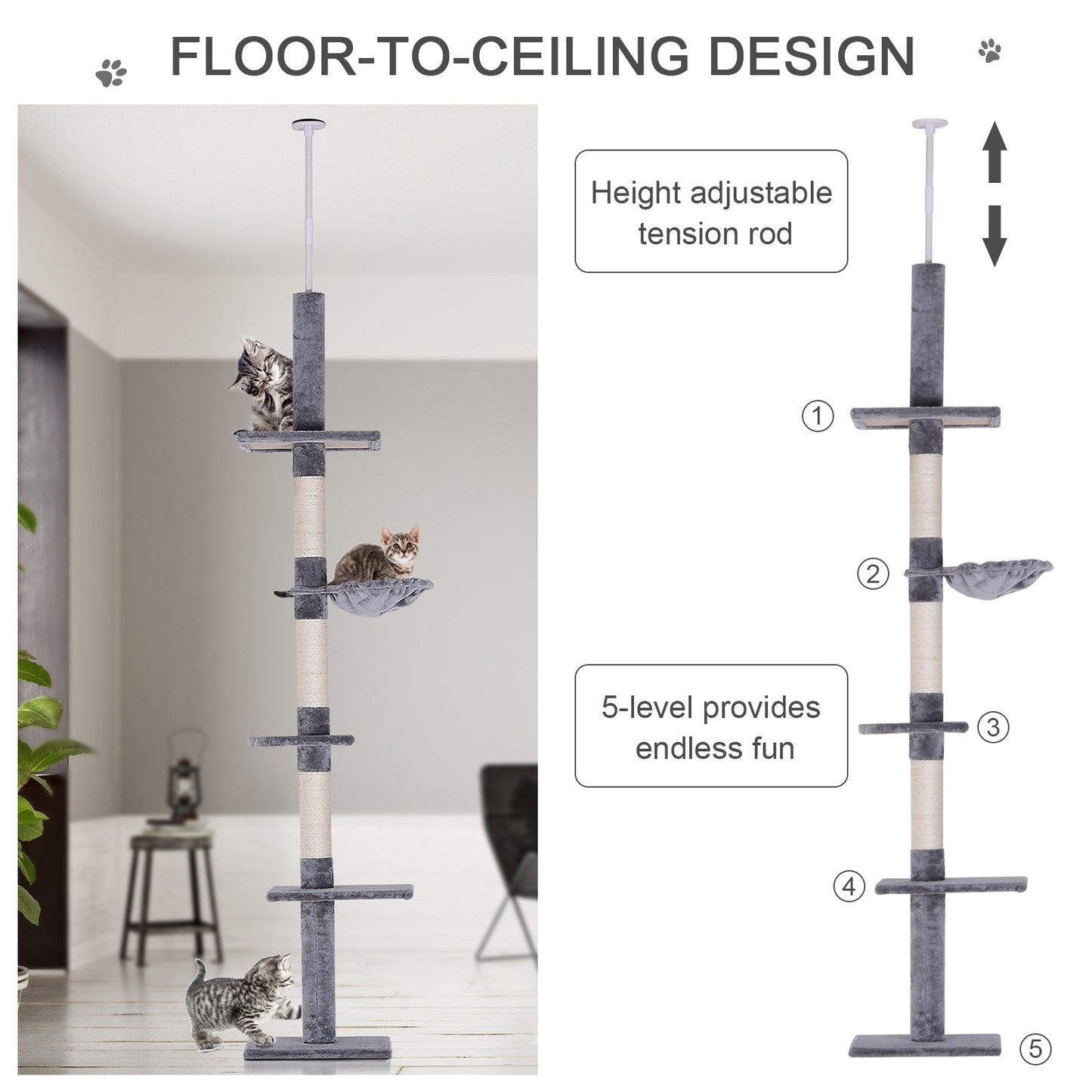 40L x 34W x 230-260H cm Cats Floor to Ceiling Scratching Post w/ 5-Tier Plush Leisure Platforms Grey