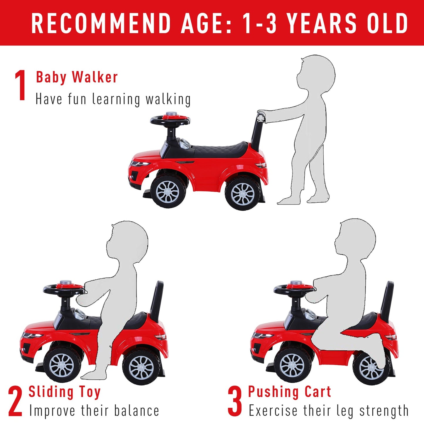 3-in-1 Ride-On Car Walker Stroller Push-Along w/ Horn Wheel & Under Seat Storage Red