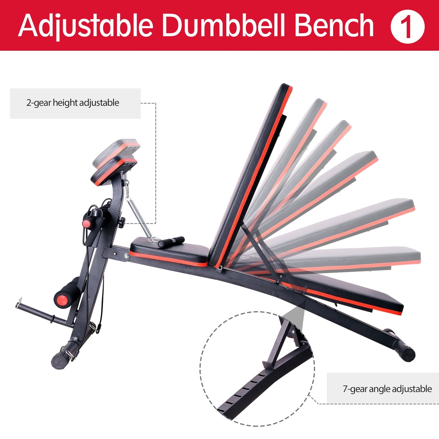 Foldable Exercise Bench, 6 Levels Adjustment-Black/Red