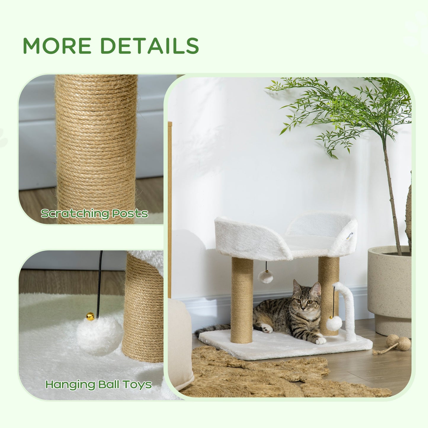 42cm Indoor Cat Tree, with Toy Balls, Jute Scratching Post - White
