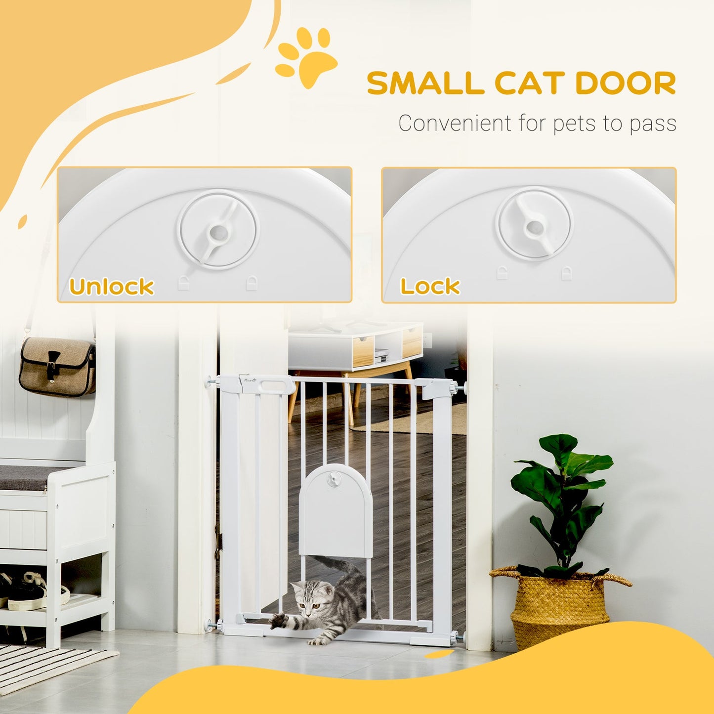 75-82cm Pet Safety Gate Pressure Fit Stair with Cat Flap Double Locking White
