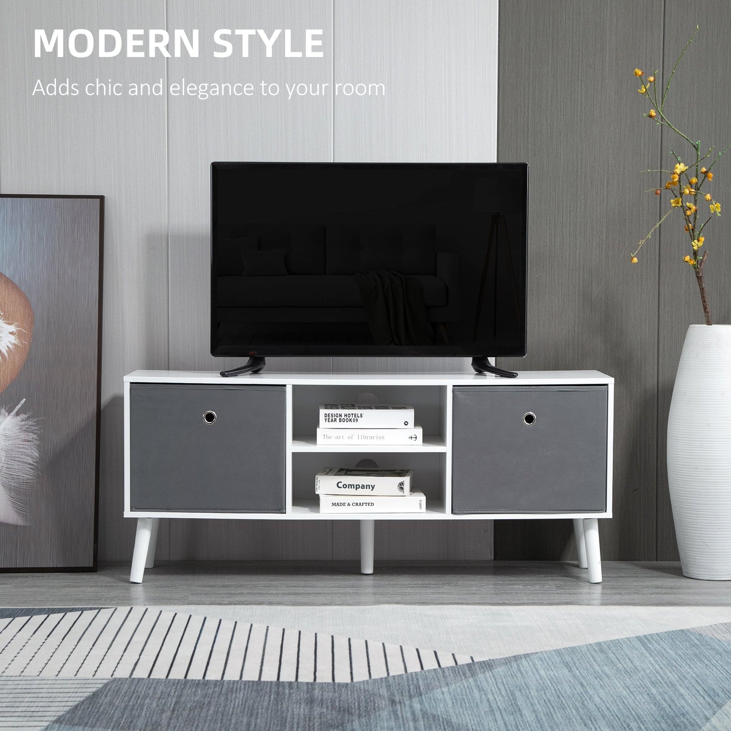 TV Cabinet Stand Unit for TVs up to 50'' Flat Screen with Foldable Drawers and Shelves, Entertainment Center for Living Room, Bedroom