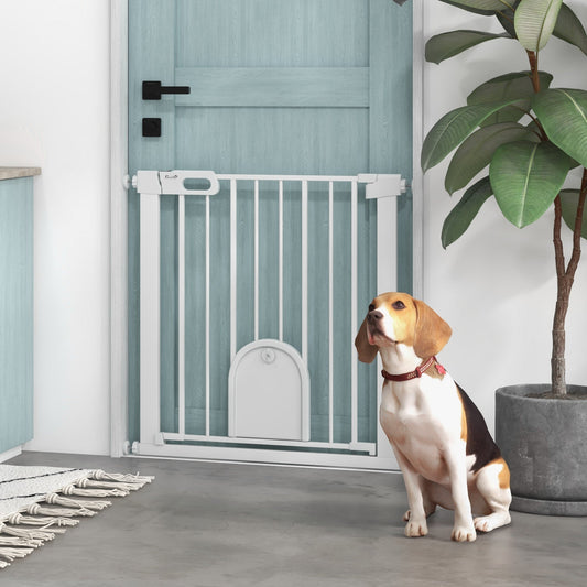 75-82cm Pet Safety Gate Pressure Fit Stair with Cat Flap Double Locking White
