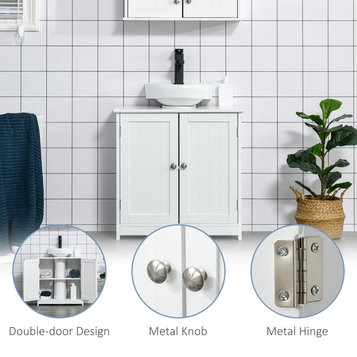 60x60cm Under-Sink Storage Cabinet w/ Adjustable Shelf Handles Drain Hole Bathroom Cabinet Space Saver Organizer White Handle
