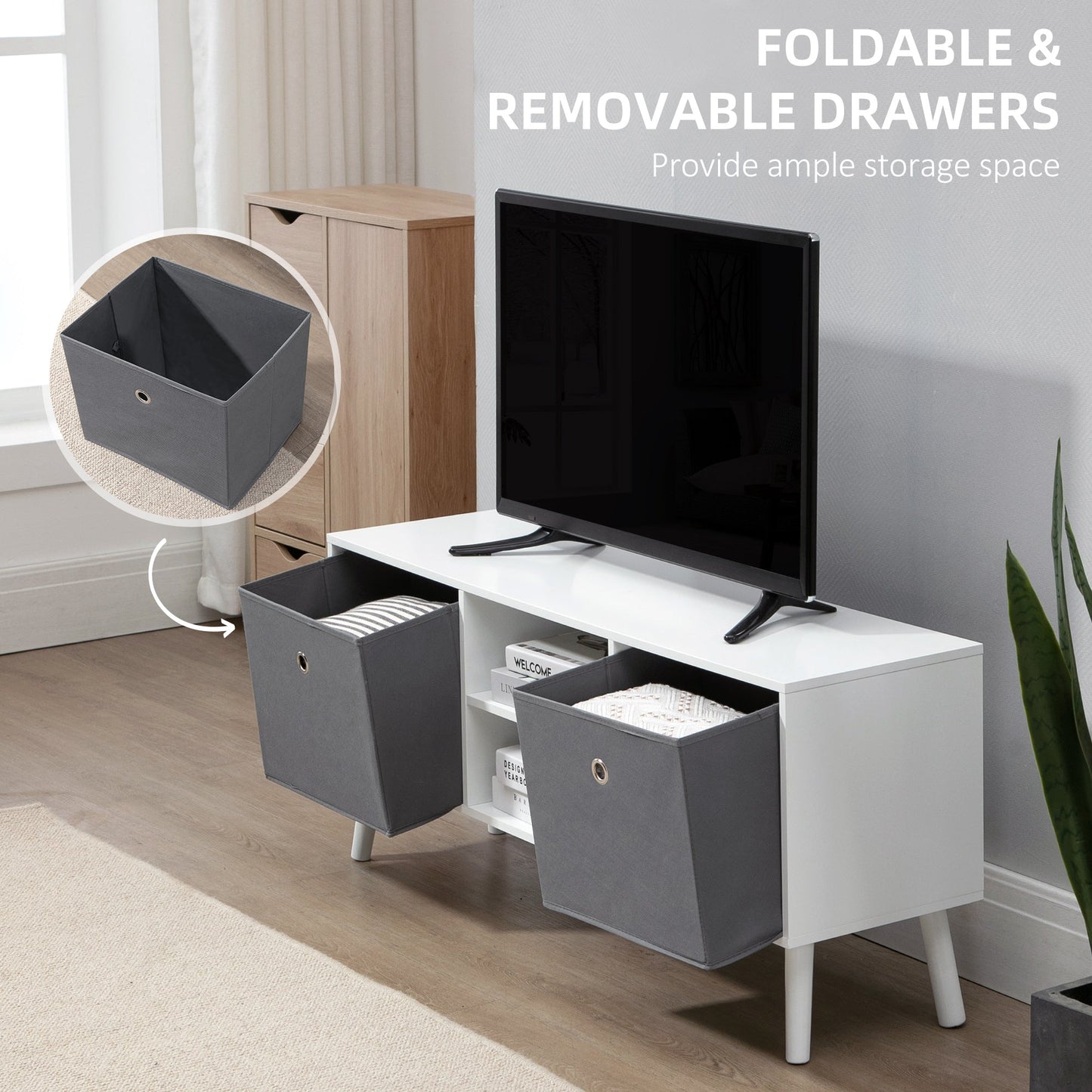 TV Cabinet Stand Unit for TVs up to 50'' Flat Screen with Foldable Drawers and Shelves, Entertainment Center for Living Room, Bedroom