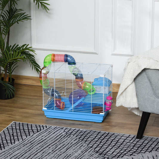 2 Tier Hamster Cage Carrier Habitat Small Animal House with Exercise Wheels Tunnel Tube Water Bottle Dishes House Ladder for Dwarf Mice, Blue w/
