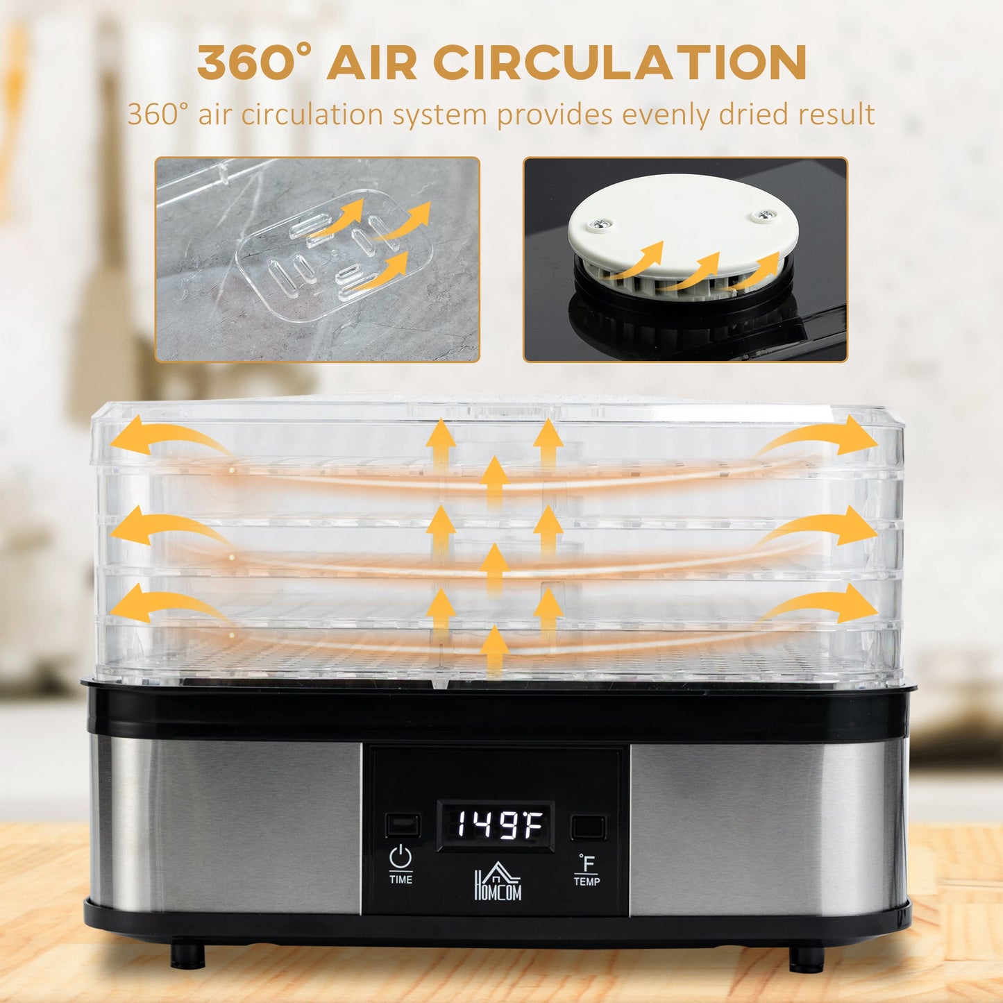 5 Tier Food Dehydrator, 245W Stainless-Steel Food-Dryer with Adjustable Temp, Timer, LCD Display, Drying Fruit, Meat, Veg, Jerky and Pet Treat, Silver