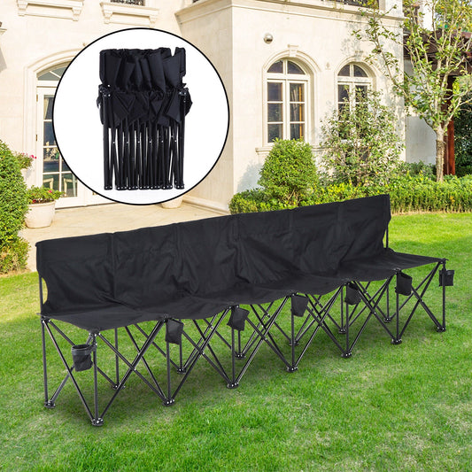 6 Seater Folding Sports Bench Outdoor Picnic Camping Portable Chair w/Cup Holder & Carry Bag - Black