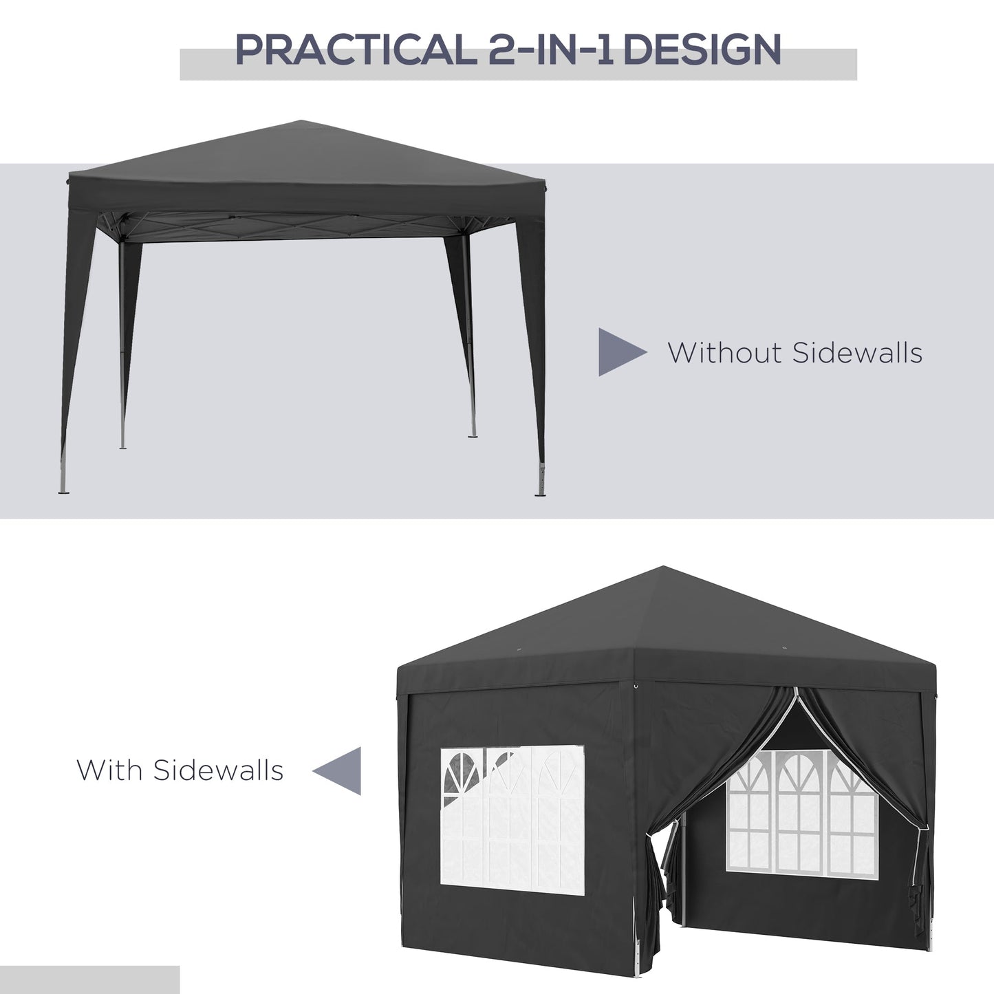 3 x 3m Pop-Up Outdoor Gazebo, with Removable Walls - Black