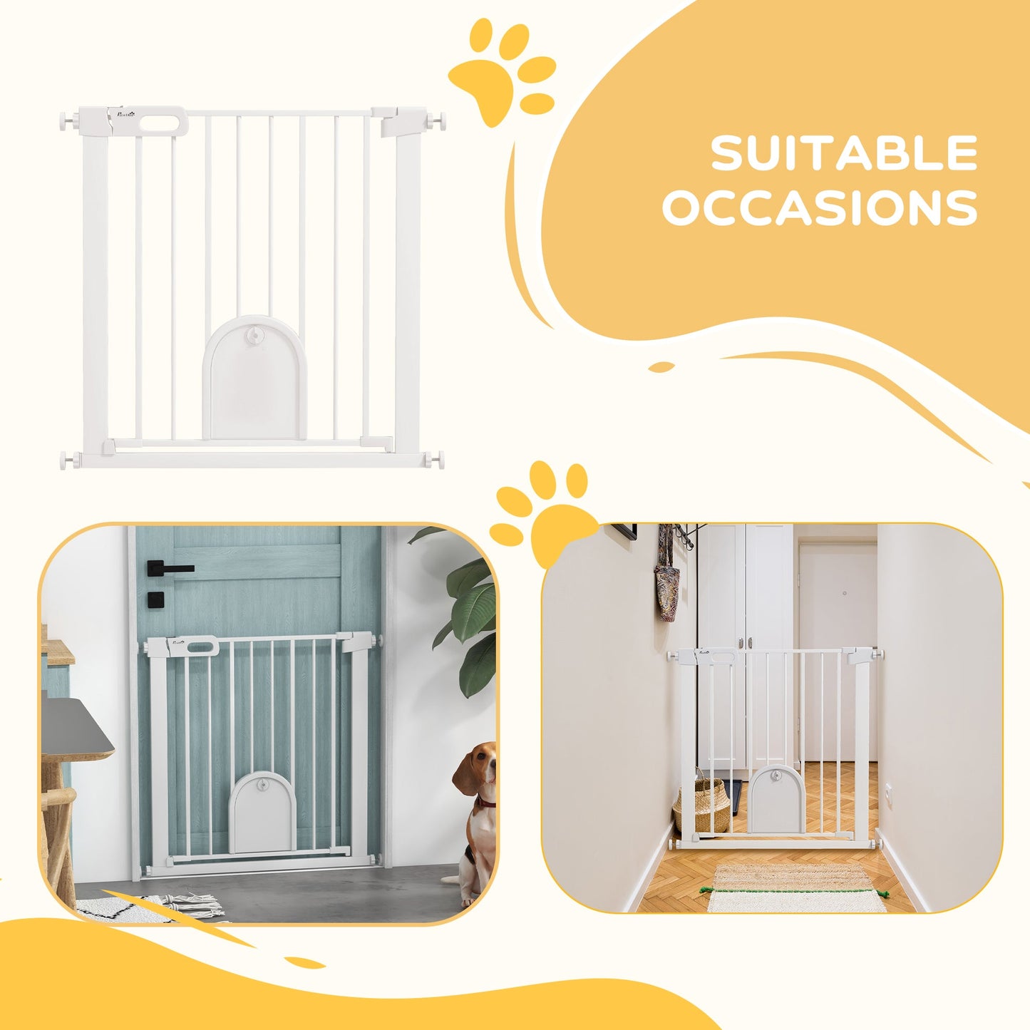 75-82cm Pet Safety Gate Pressure Fit Stair with Cat Flap Double Locking White