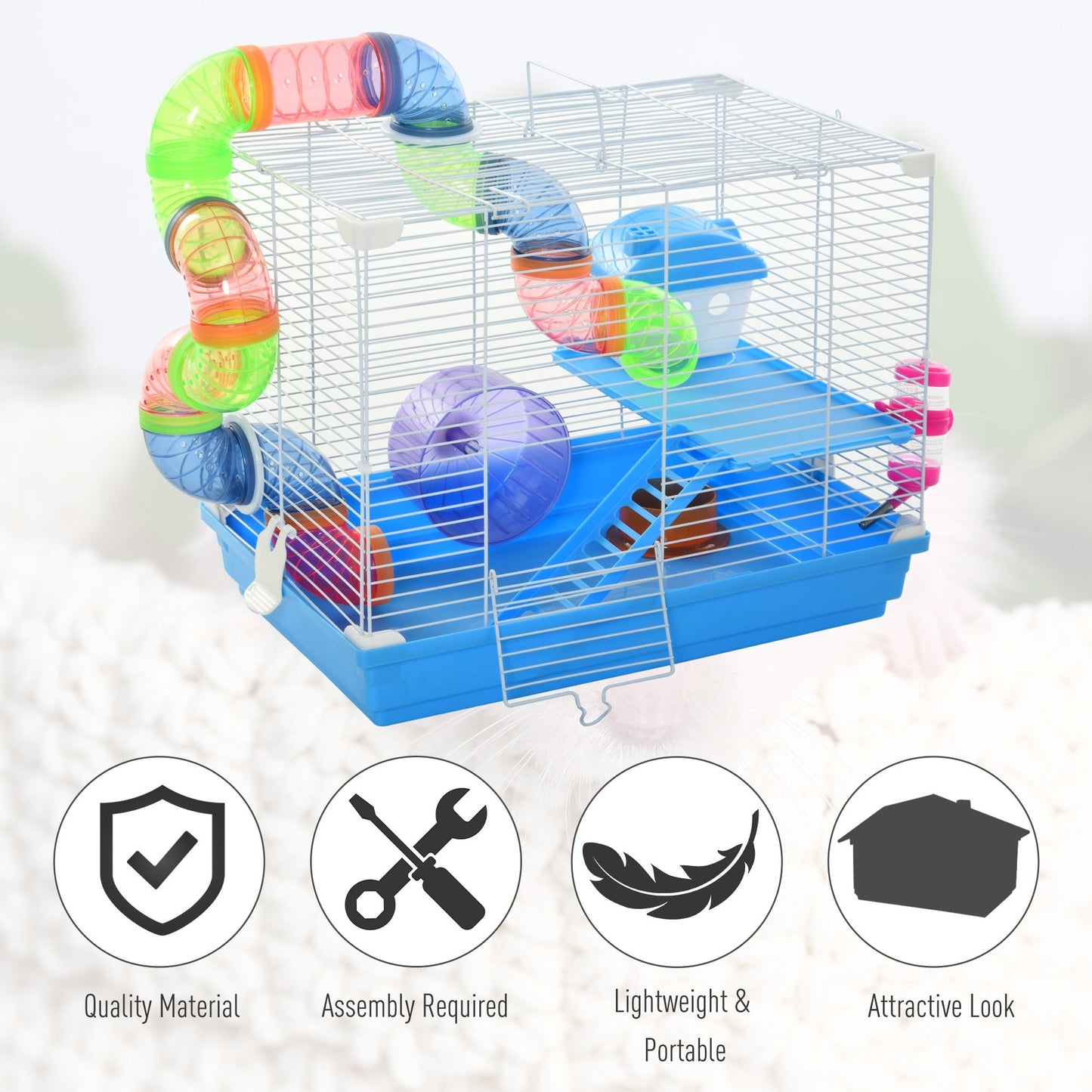 2 Tier Hamster Cage Carrier Habitat Small Animal House with Exercise Wheels Tunnel Tube Water Bottle Dishes House Ladder for Dwarf Mice, Blue w/