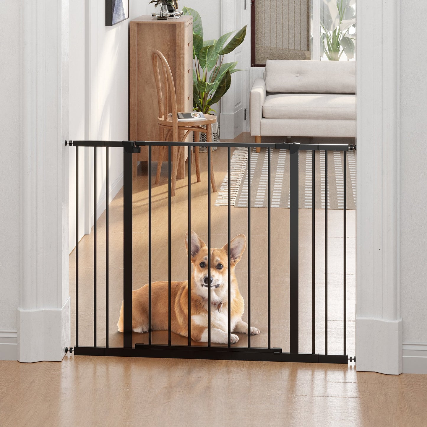 Dog Gate Pet Safety Gate Stair Barrier Auto Close Door Adjustable 76 - 107 cm, Black Wide