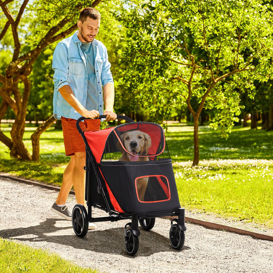 Pet Stroller with Universal Front Wheels, Shock Absorber, One Click Foldable Dog Cat Carriage with Brakes, Storage Bags, Mesh Window, Safety Leash for Large & Medium-sized Dogs, Red