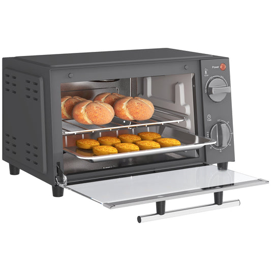 Mini Oven, 9L Countertop Electric Grill, Toaster Oven with Adjustable Temperature, Timer, Baking Tray and Wire Rack, 750W, Grey