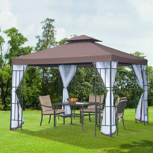 Two-Tier Gazebo with Netting Metal Party Tent Canopy, 3m x3m Coffee Marquee Canopy Pavillion Patio Garden Shelter Steel Frame with mesh sidewall and Water strip Brown